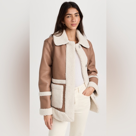 NWT Avec Les Filles Snap Front Coat Shearling Leather Mink/Beige L Shopbop - Picture 1 of 6